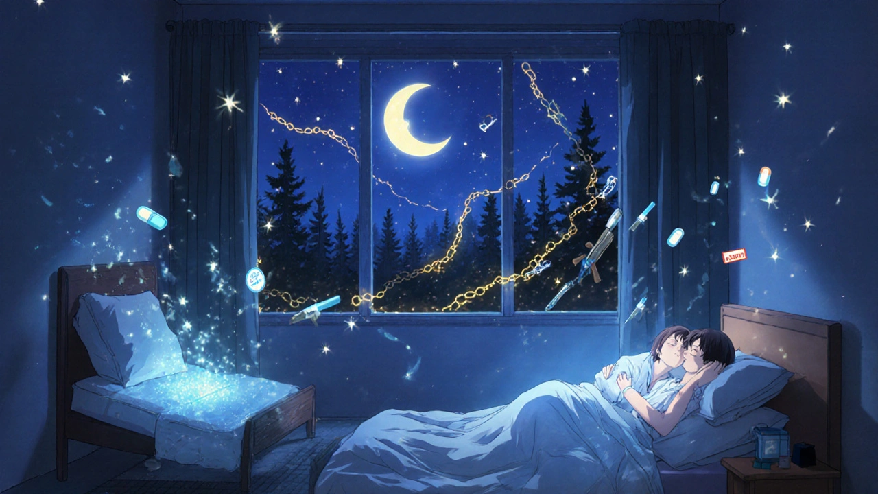 A safe bedroom with padded walls and separated beds, glowing with protective light, as dangerous objects vanish into sparkles.