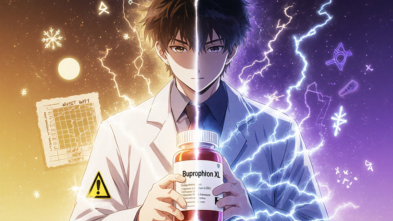 A teen holding a bupropion pill bottle, half-transformed into electric sparks, with morning and night dosing scenes split beside them.