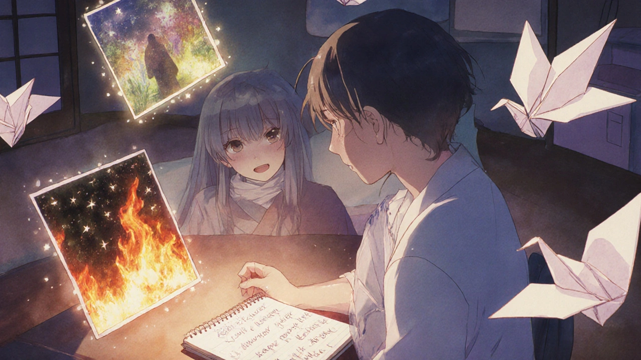 A therapist and patient share a calm moment as origami cranes carry rewritten nightmare scenes.