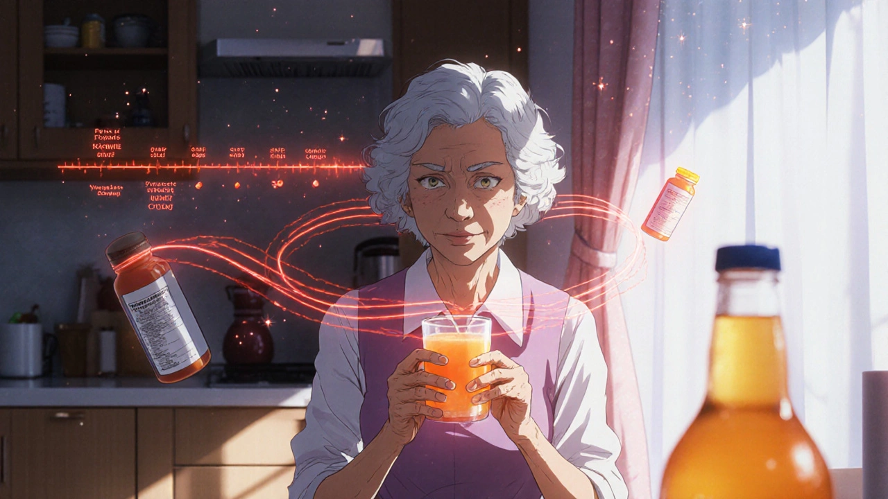 An elderly woman drinking grapefruit juice as warning energy pulses around her medications, with safe orange juice beside her.
