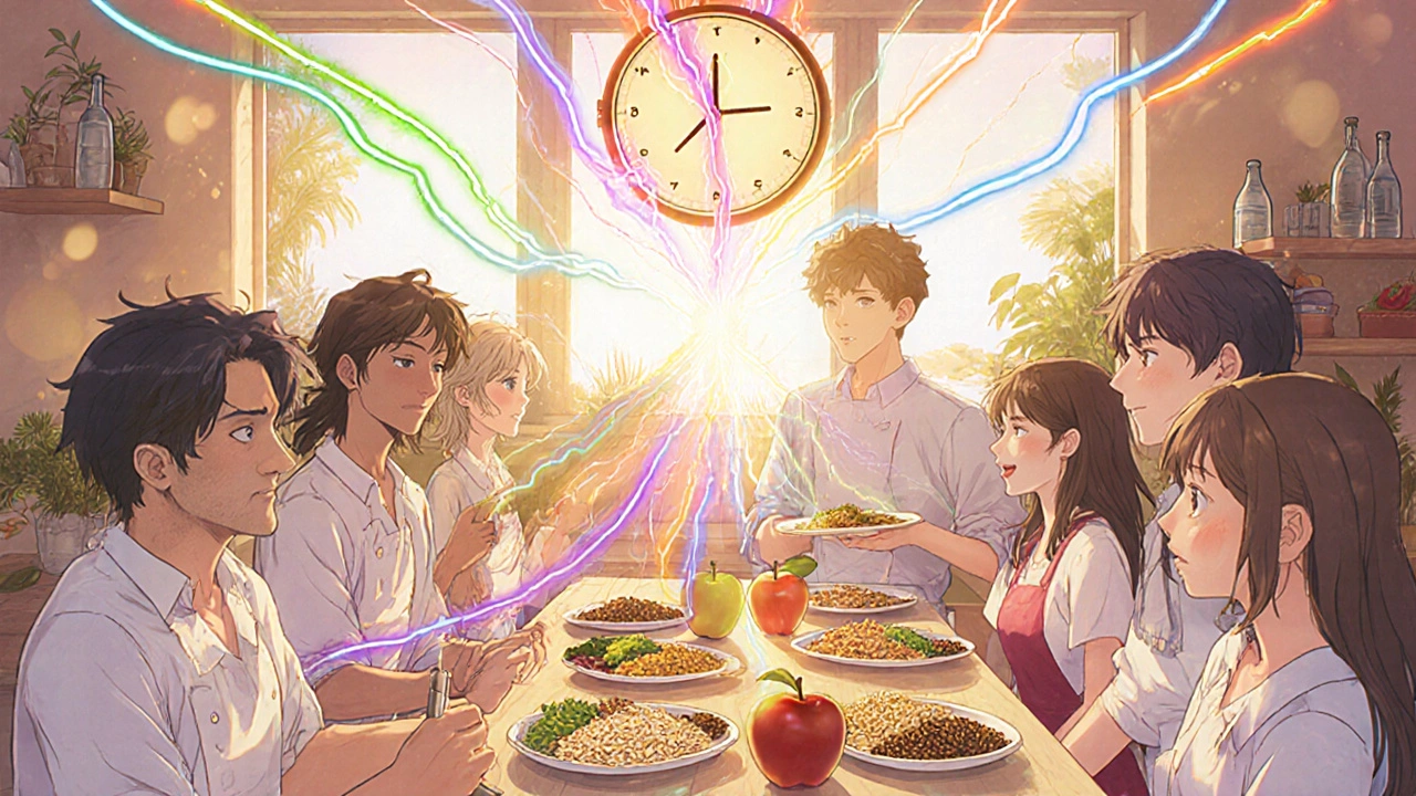 Diverse characters cooking fiber-rich meal with radiant aura trails in warm kitchen