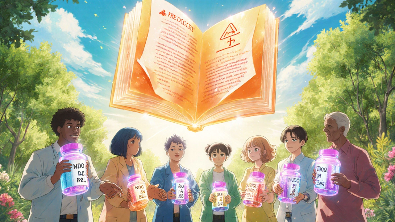 Diverse people holding glowing pill bottles in a medical garden, with a floating FDA Orange Book above them.