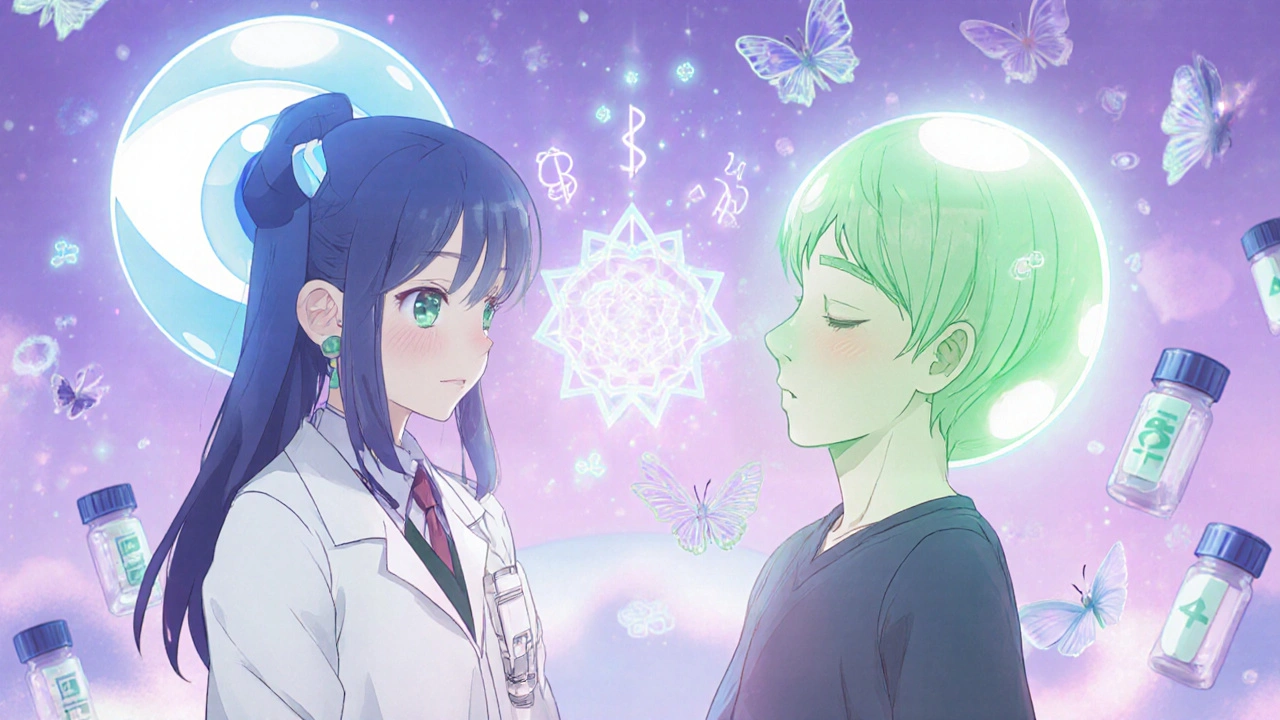 Doctor and patient beside glowing eye and nose orbs, pollen turning into butterflies.