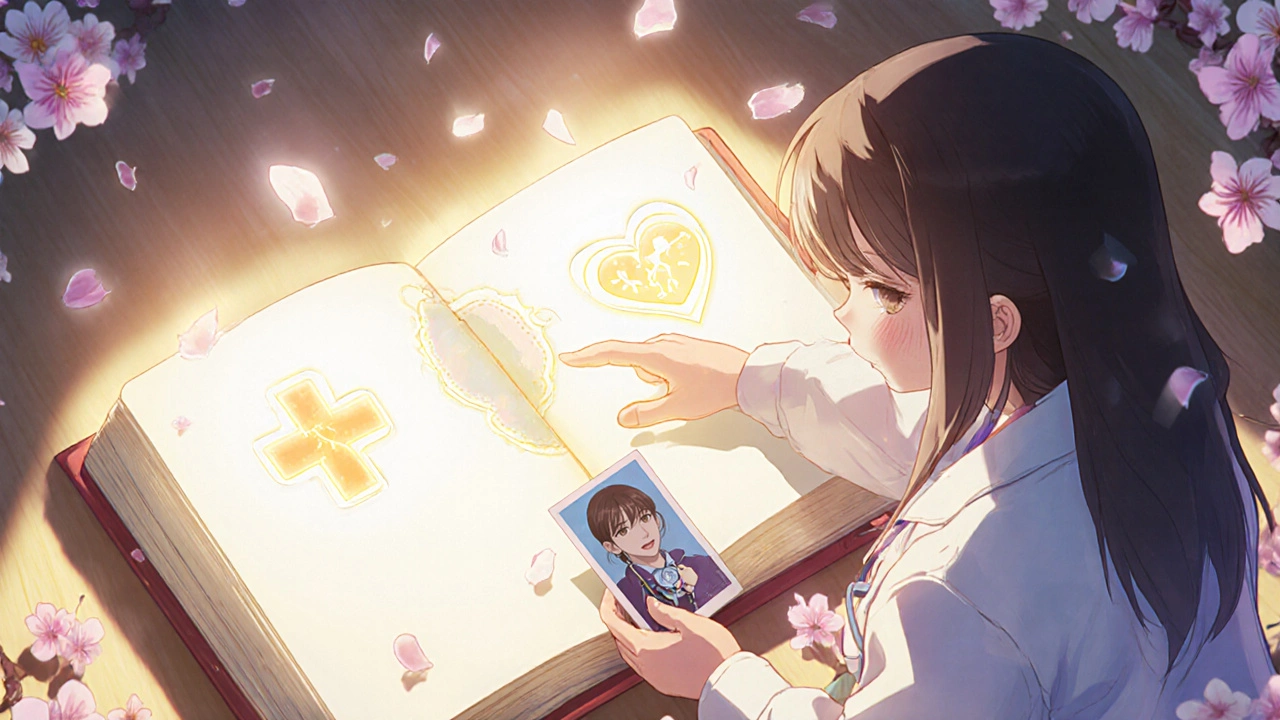 Girl reaching toward glowing icons of drug allergy symptoms, symbolizing diagnosis and healing.