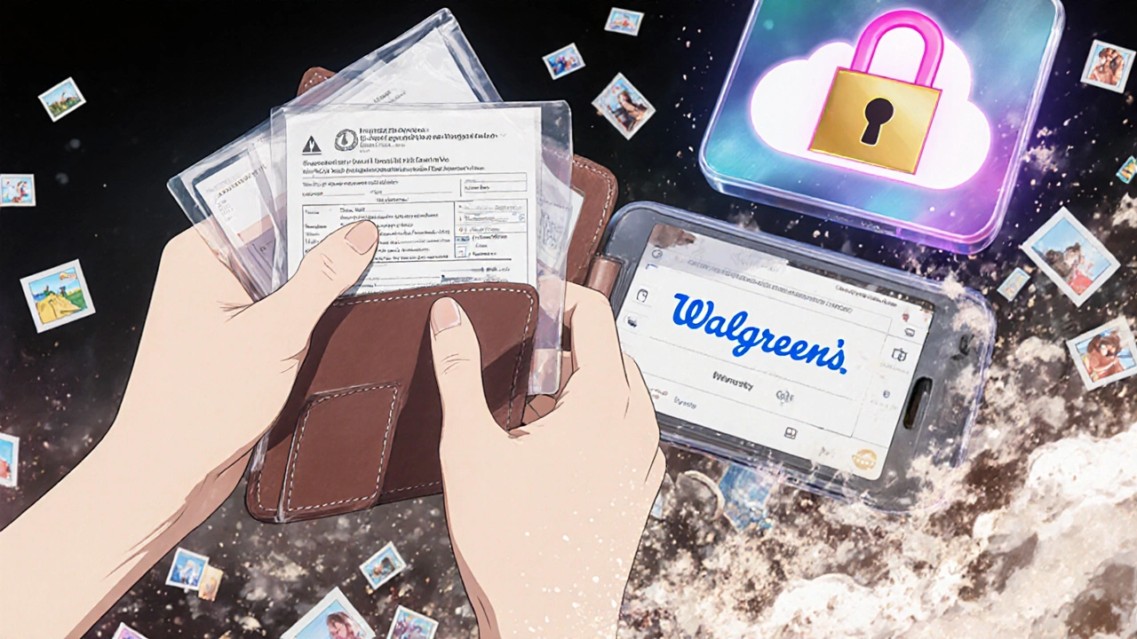 Hand placing printed prescription in sealed sleeve inside passport, with secure digital app hologram nearby.