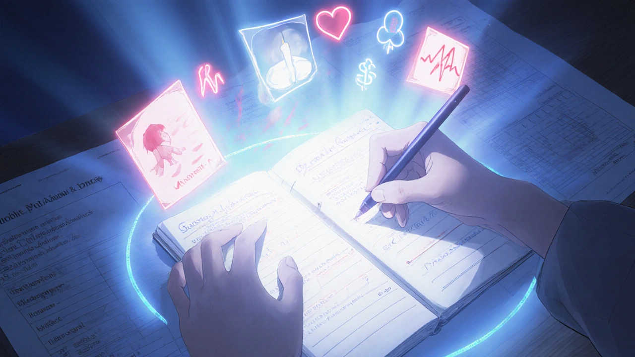 Hand writing in a journal with glowing medical icons rising above it, symbolizing monitoring after switching generics.