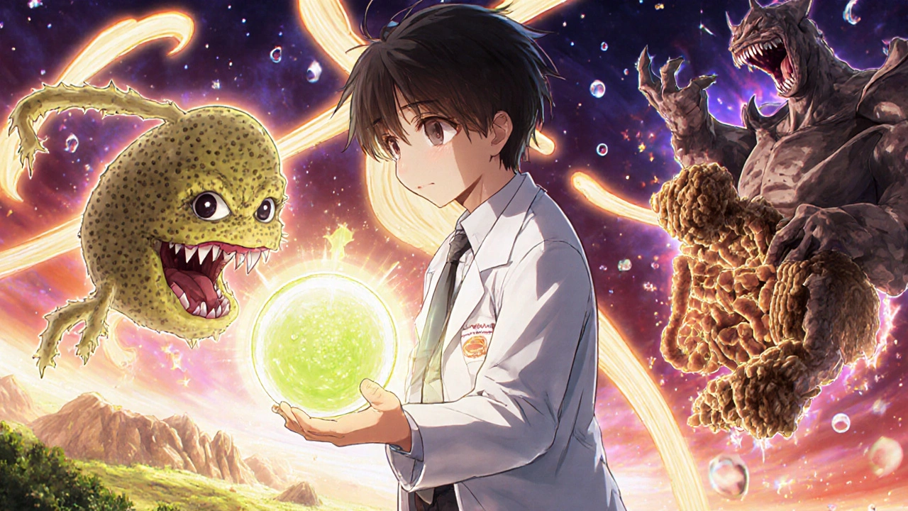 Hero holding chia seed magic orb repelling IBS monster with glowing gut bacteria