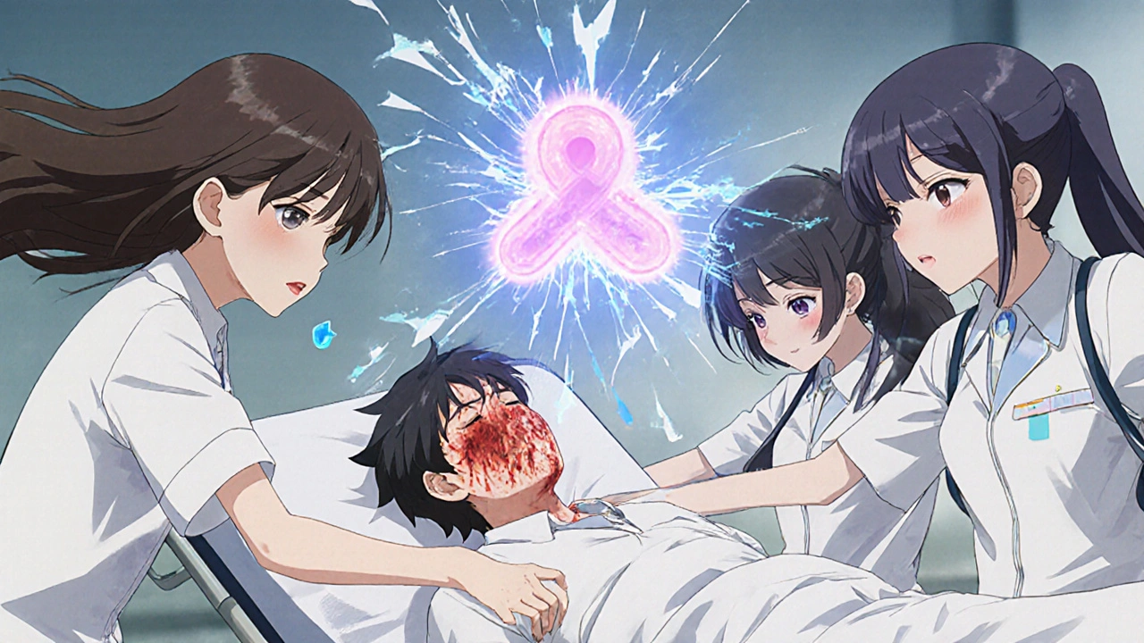 Medical team rushing to help a patient with severe swelling and rash, surrounded by breaking penicillin symbol.