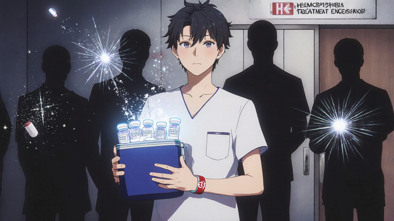 Patient holding factor concentrate cooler, leaving hospital with medications dissolving into light