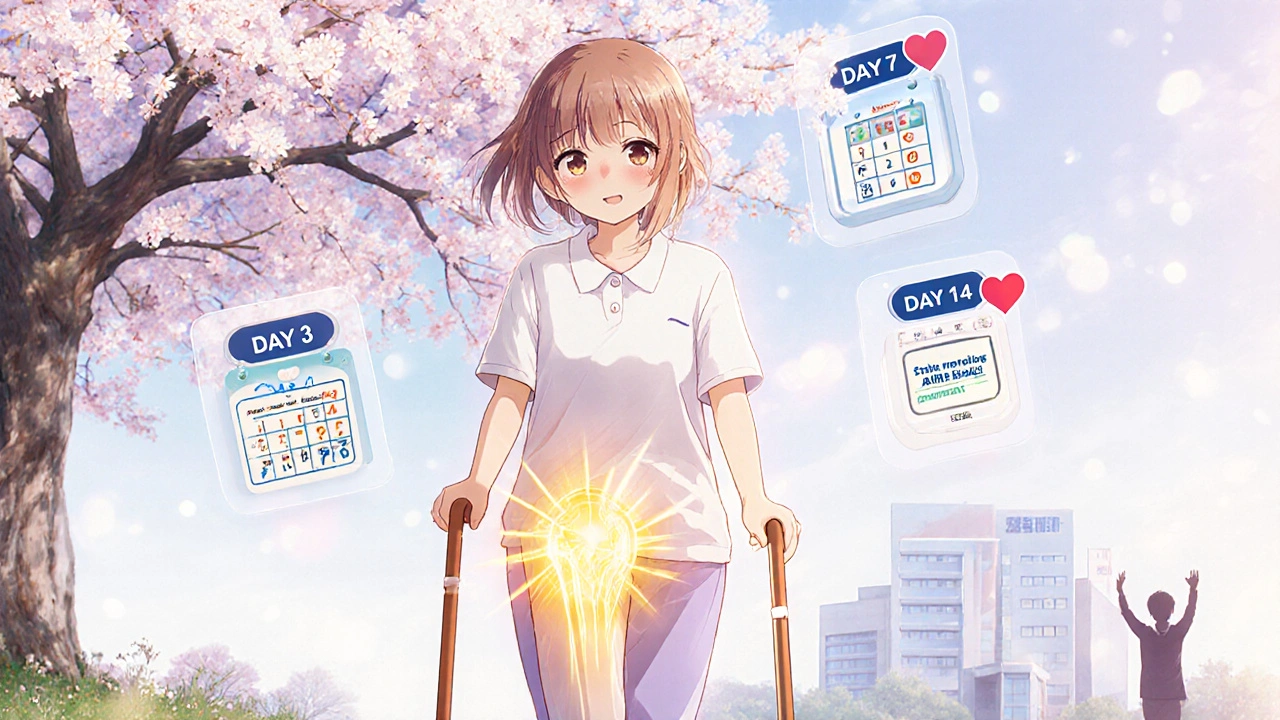 Patient walking after surgery, golden energy healing their joint under cherry blossoms