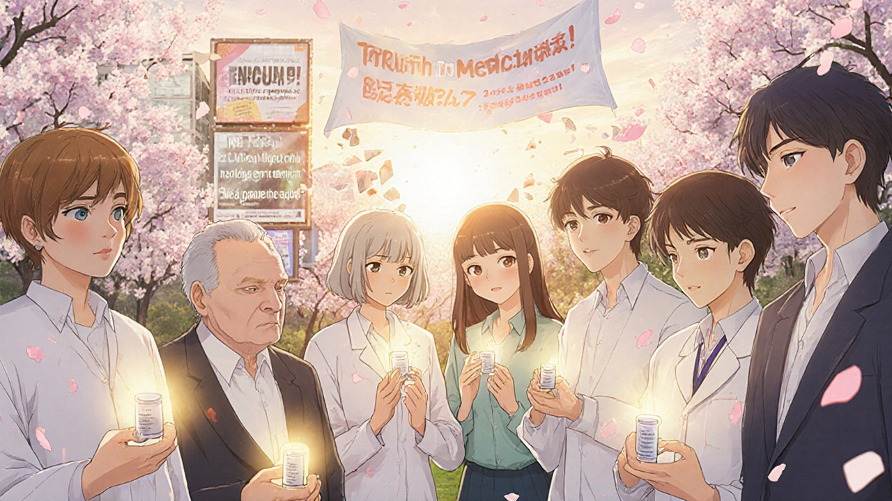 Patients united with glowing generic pills as misleading ads crumble around them.