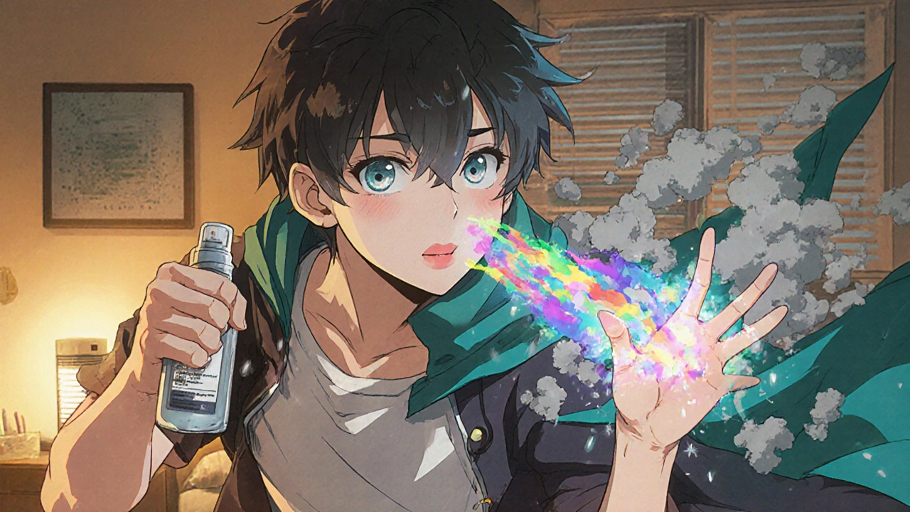 Teen using nasal spray with energy blasts clearing sneeze clouds in a cozy room.