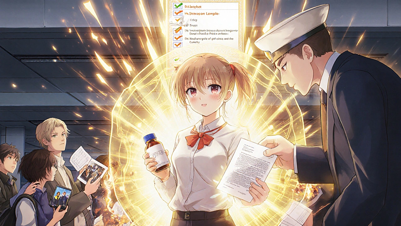 Traveler presenting prescription and doctor&#039;s letter at customs, surrounded by protective golden light and crumbling unsafe documents.