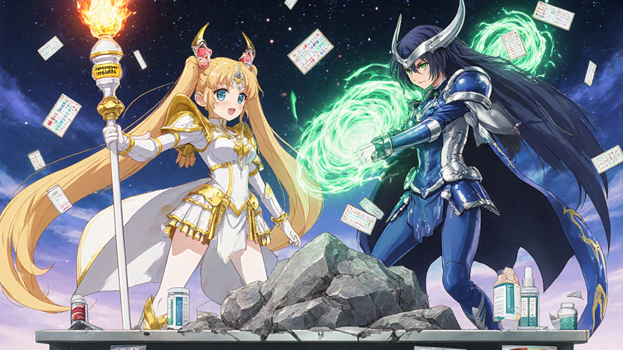 Two magical warriors battle pain — one neutralizing fever, the other crushing inflammation — amid floating pill bottles.