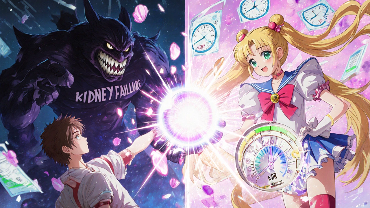 Two medical heroines defeating a kidney failure monster with light beams, while blood pressure and potassium levels stabilize in anime style.