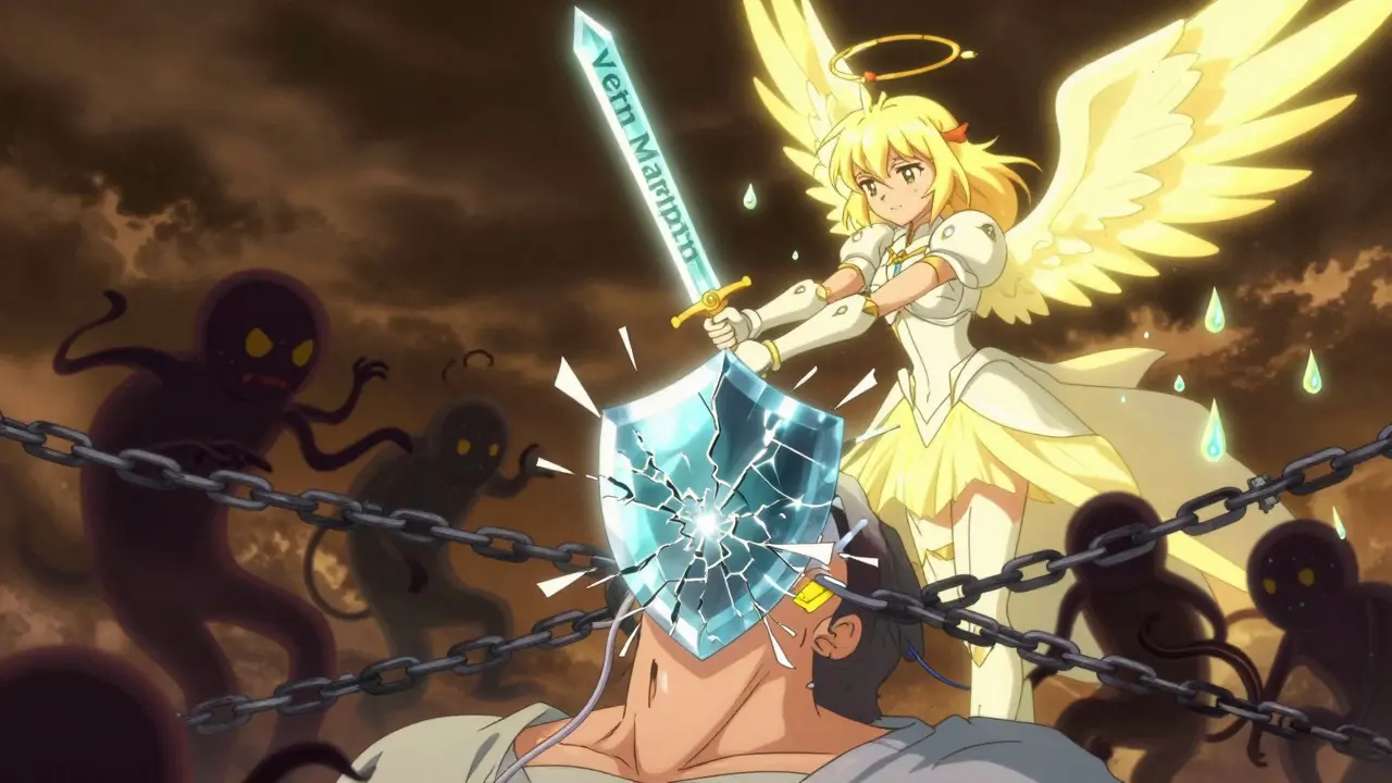 A catheter shield cracks as a heroic figure breaks chains with a vein mapping crystal sword.