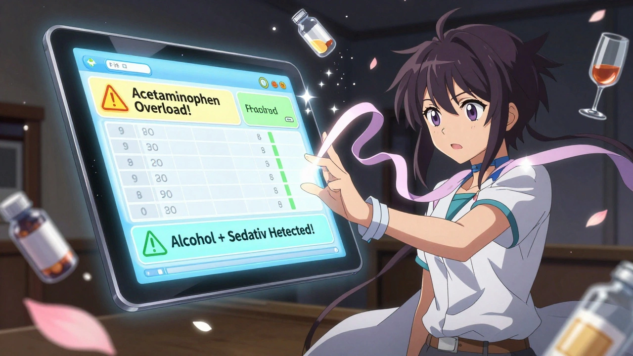 A digital medication log displays dangerous drug combinations as animated warnings, being canceled with a glowing gesture.