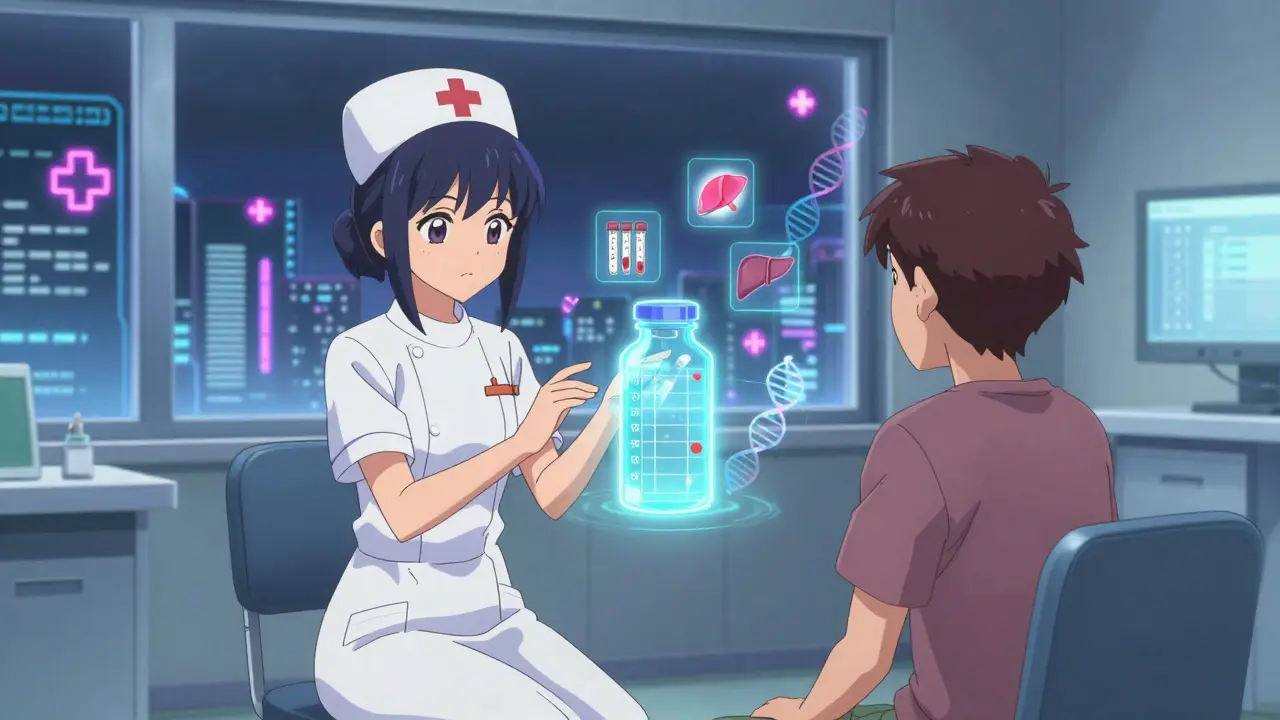 A futuristic clinic with holographic smart pill bottle tracking adherence and health data.