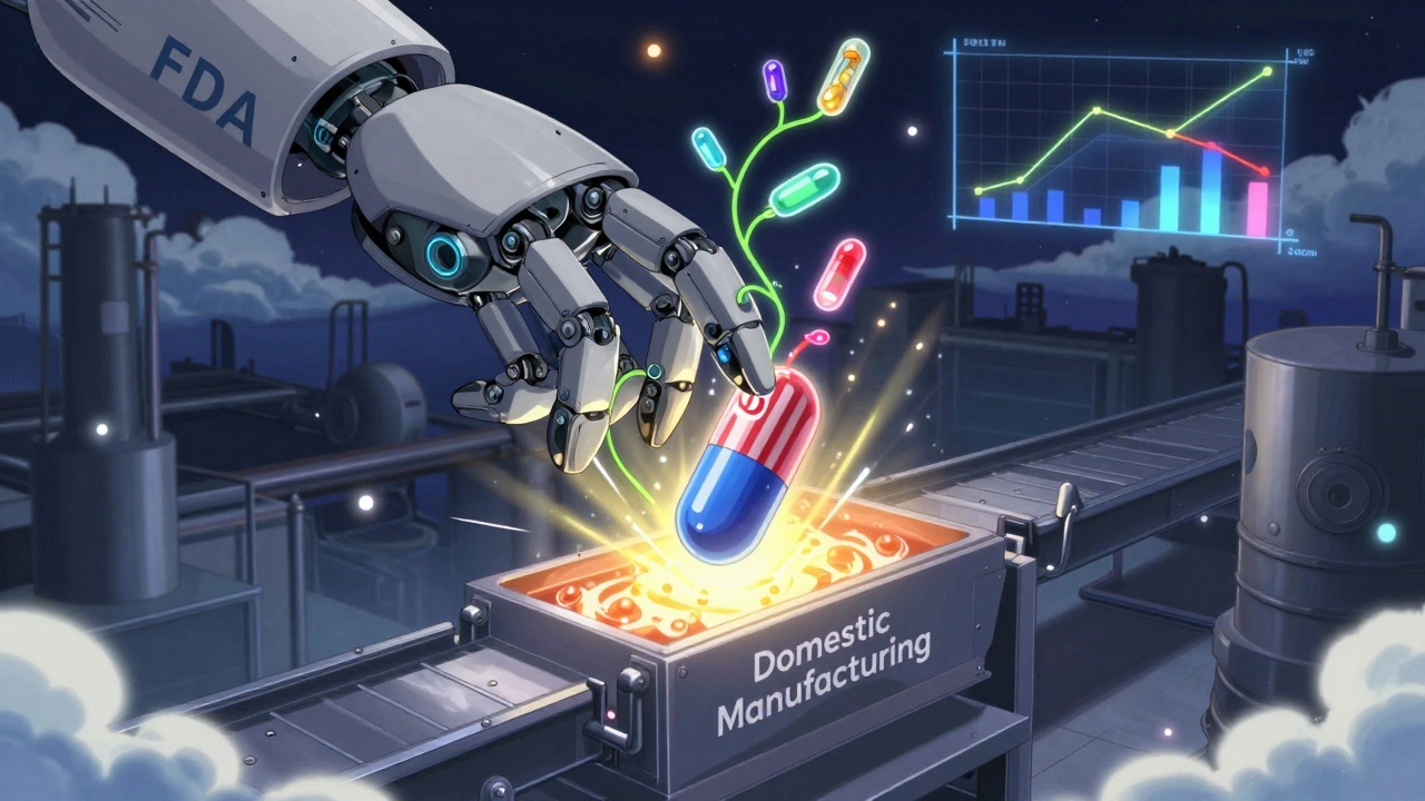 A giant FDA hand places a U.S.-made pill into a glowing chute as overseas factories fade, with price-drop charts glowing in the sky.