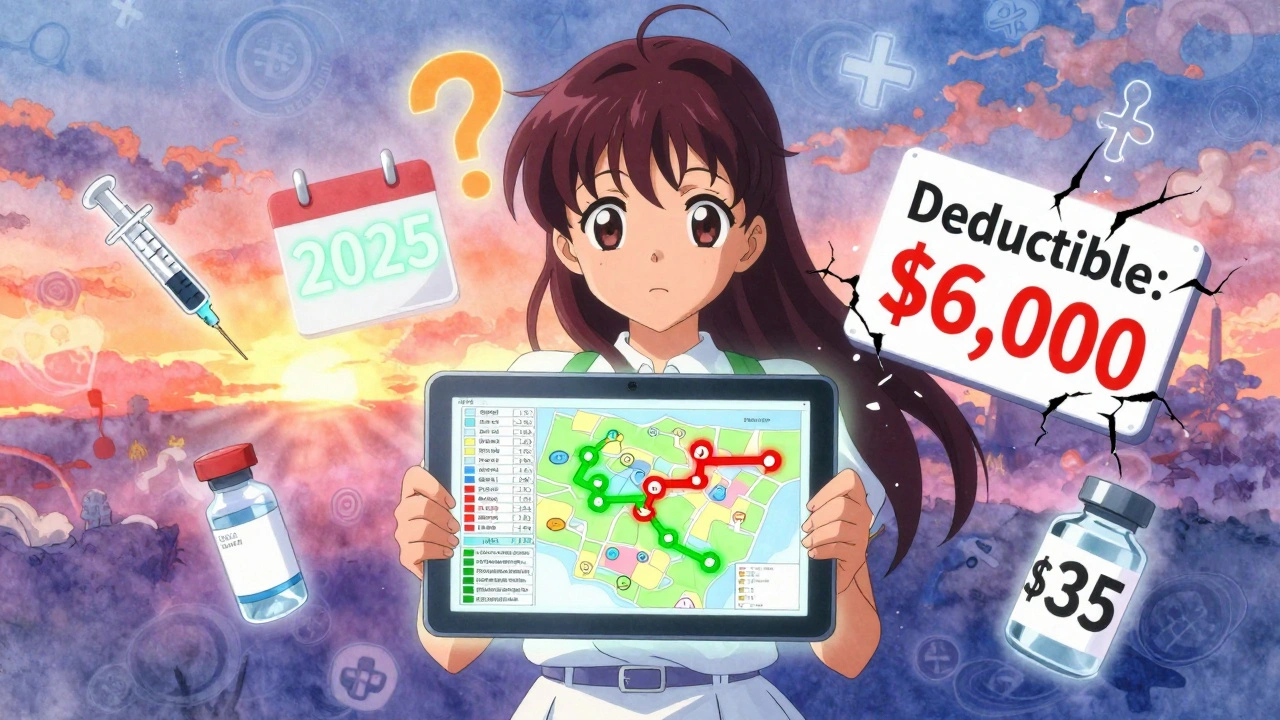 A girl holds a magical map of pharmacies, with in-network and out-of-network paths glowing, surrounded by medical icons and a ,000 deductible sign.