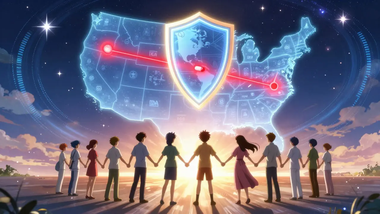 A glowing map shows reported counterfeit drugs connecting health agencies across the U.S., with people uniting in light.