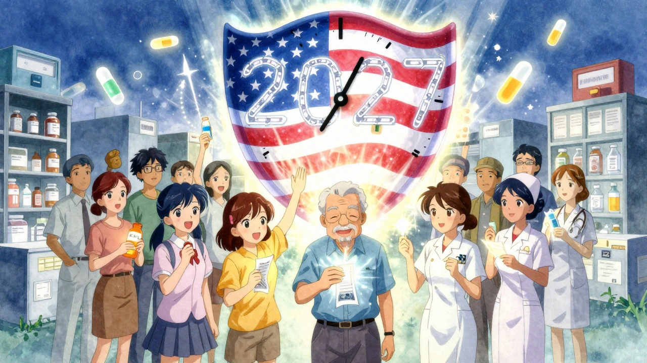 A group of people forming a radiant shield of evidence, with blockchain numbers counting down to 2027.