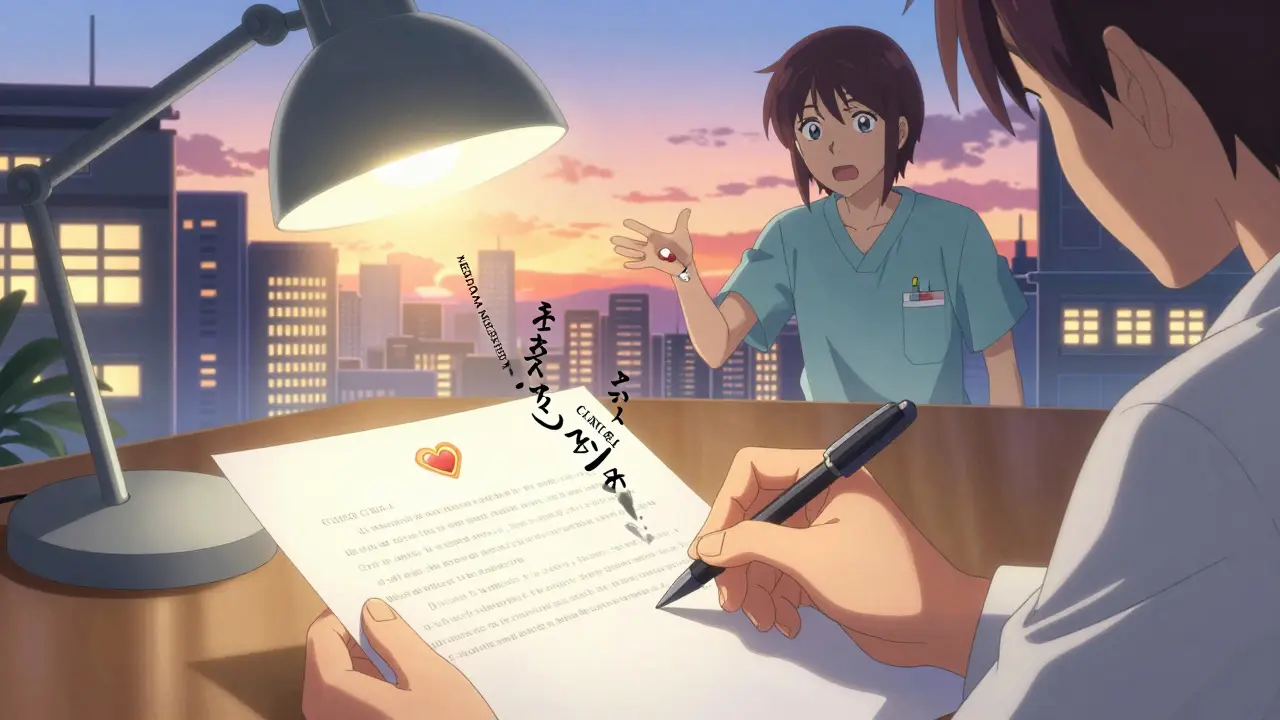 A hand writes a medical letter as glowing symbols rise, with a younger self reaching out as approval lights glow across a city skyline.