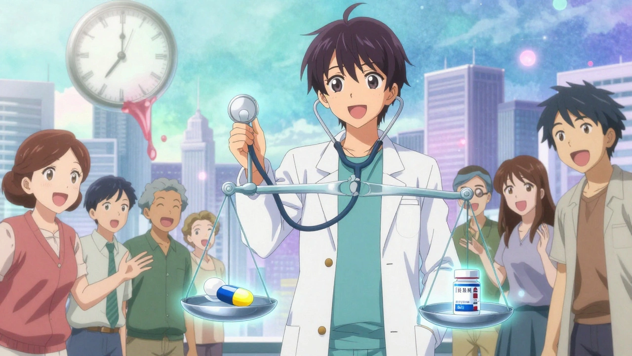 A heroic pharmacist balances a brand-name pill and authorized generic on a magical scale, patients reaching out as sunrise shines behind them.