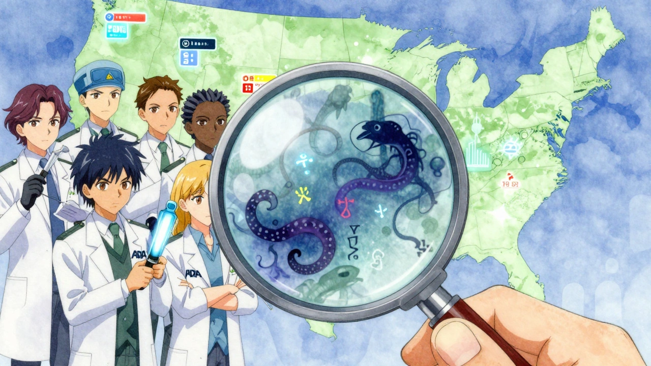 A magnifying lens revealing hidden contaminants in a medicine vial, with FDA agents using glowing tools.