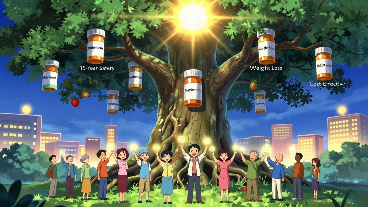 A massive metformin tree shelters diverse people under fruits of safety, weight loss, and affordability.