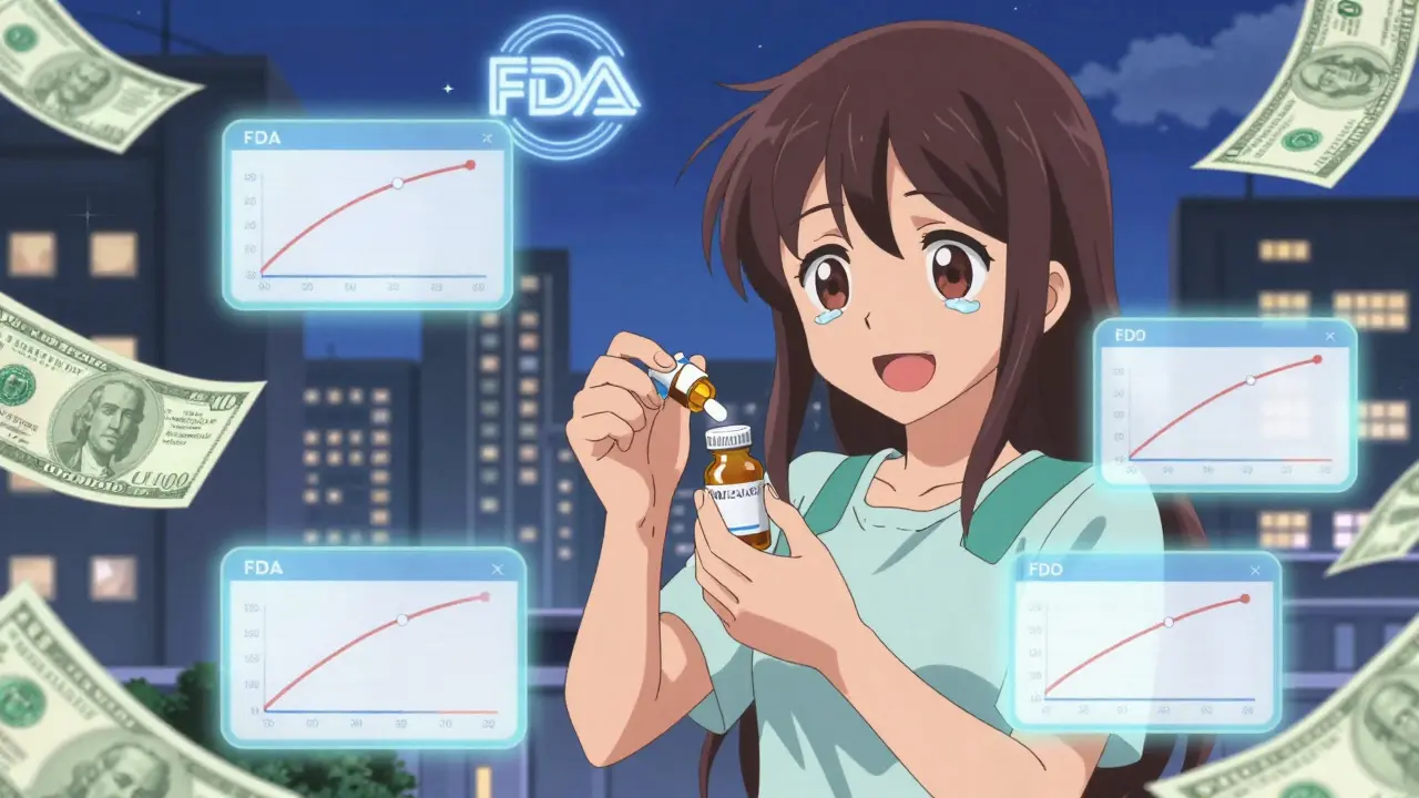 A patient holds a generic pill as medical charts and affordable medicine packages glow around them.