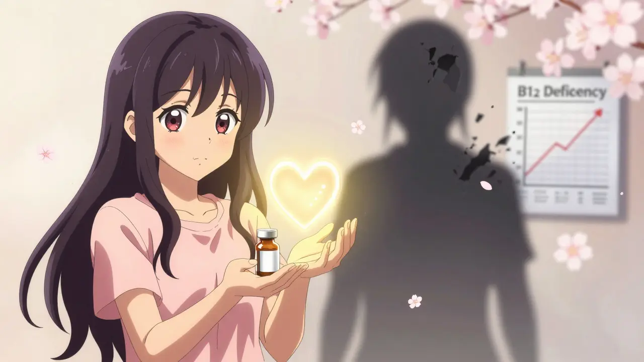A person holds a B12 supplement as a shadowy deficiency fades, surrounded by golden light and blossoms.