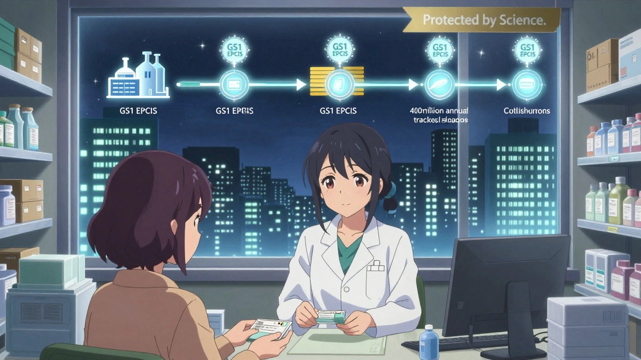 A pharmacist hands a prescription to a patient as a glowing journey timeline hovers above them in a quiet pharmacy.