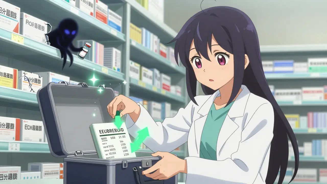 A pharmacist places a fake medication into an evidence case while glowing indicators highlight critical details.