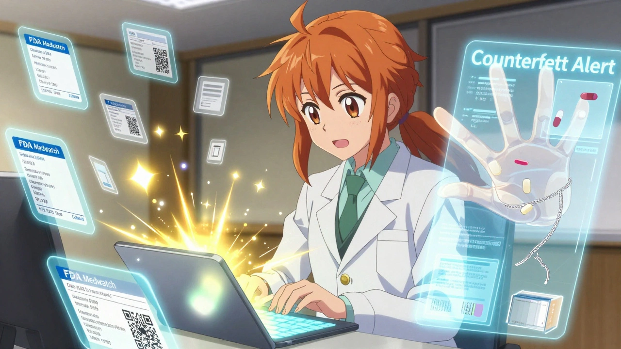 A pharmacist surrounded by holographic FDA warnings and glowing evidence icons on a tablet.