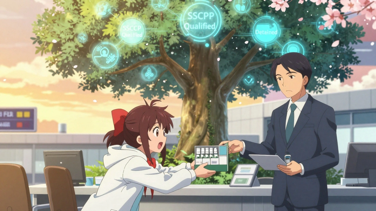 A small researcher handing samples to an FDA officer, with a glowing tree showing fast-tracked vs. detained shipments.