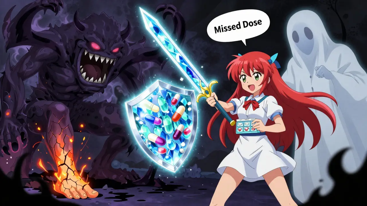 A symbolic battle against chemo side effects using crystalline pills as weapons in anime style.