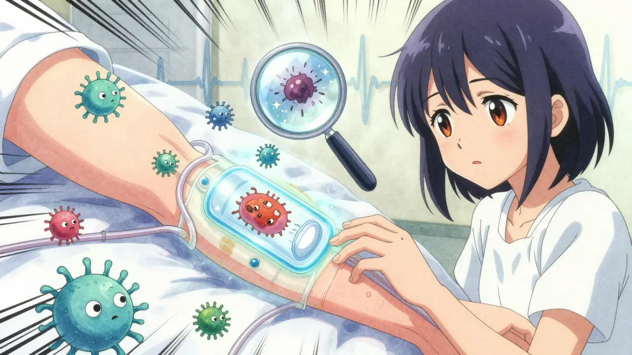 A synthetic graft glows blue as tiny bacteria are repelled by protective sparkles.