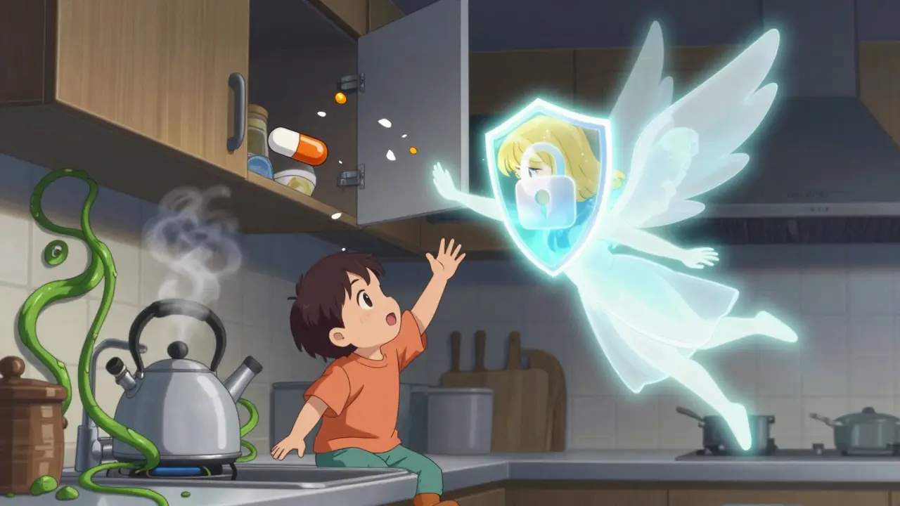 A toddler reaches for a cabinet as a magical guardian blocks their path with a lock-shaped shield, expired pills turning into petals.