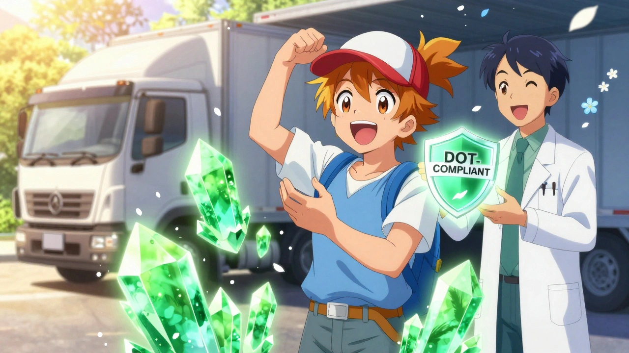 A trucker happily switching to a DOT-approved medication, surrounded by healing crystals and sunlight.