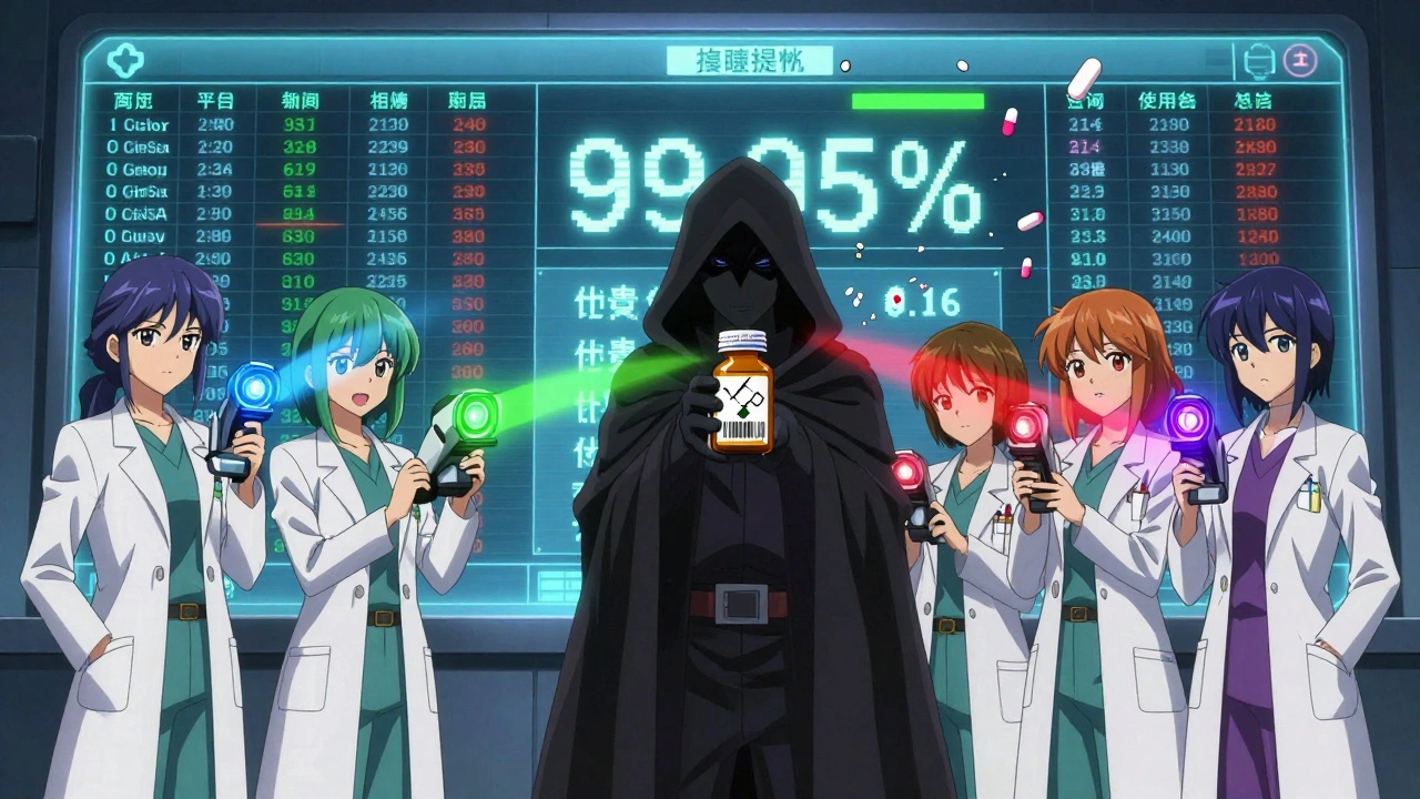 A villain with a fake pill confronts four radiant pharmacists emitting verification beams in a high-tech pharmacy.