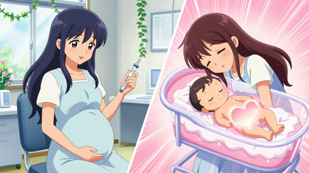 A woman receives a weekly injection in a vibrant clinic while her baby sleeps peacefully in a bassinet with a glowing heart, representing no withdrawal.