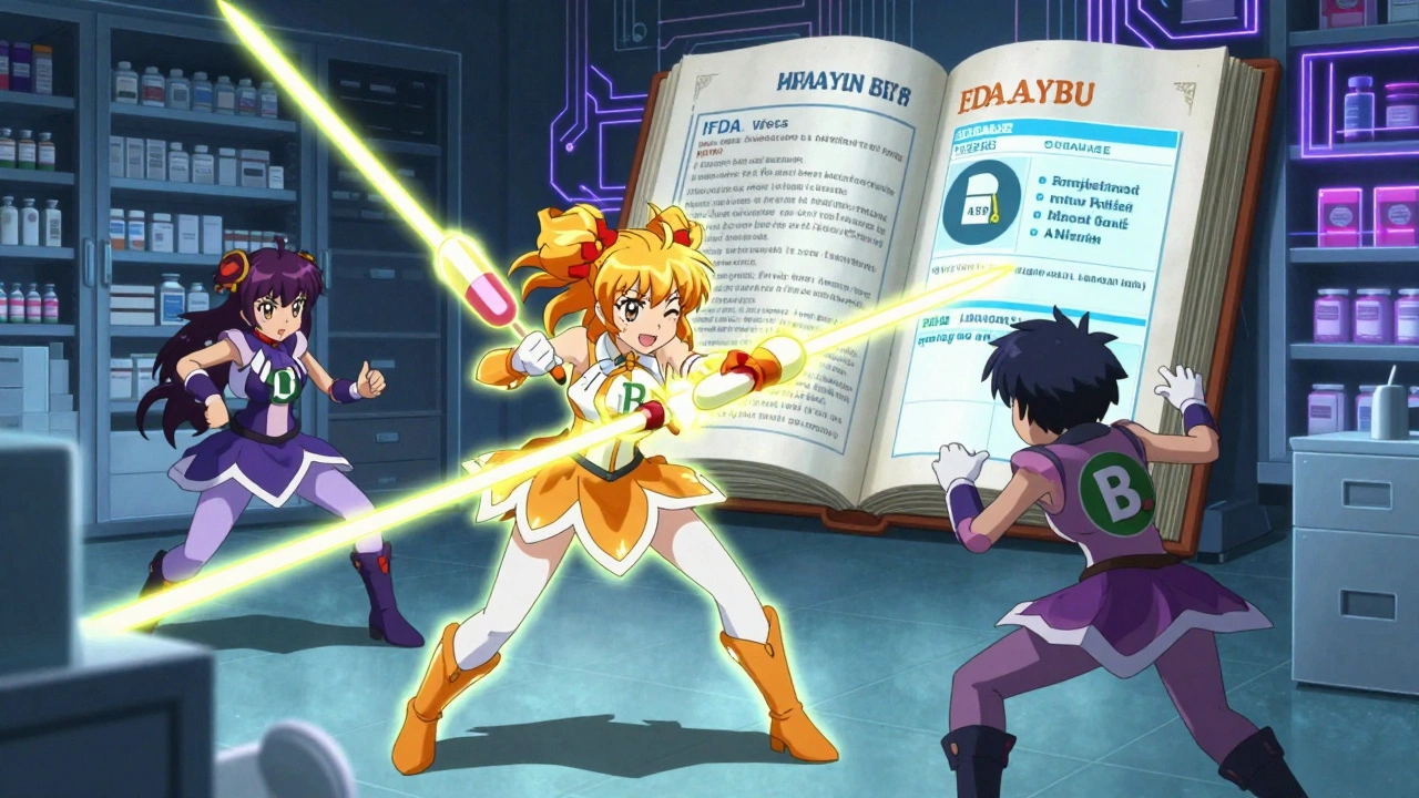 Battle between branded and generic pills in a digital server room with the Orange Book as a scroll.