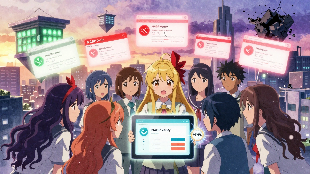 Characters checking NABP Verify on a tablet, VIPPS seal glowing as fake pharmacies crumble in the background.