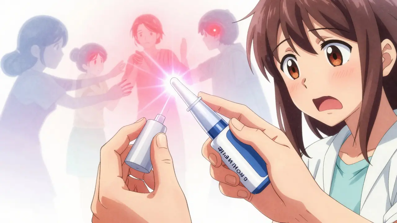 Close-up of hands holding a naloxone spray with radiant energy emerging from the nozzle, emotional expressions visible.
