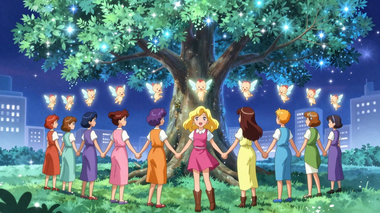 Diverse mothers and partners hold hands under a glowing tree of life, with baby spirits rising, symbolizing healing and support through treatment.