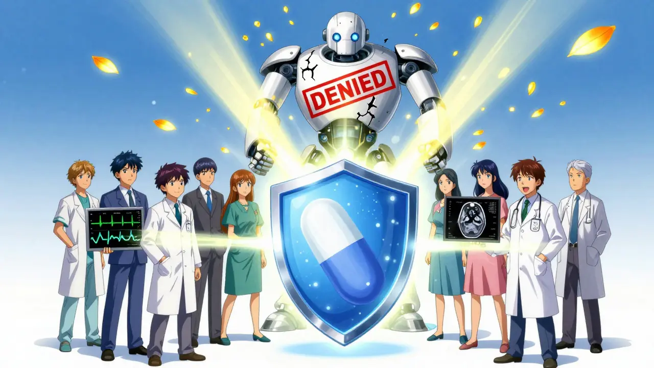 Diverse patients unite with medical data to form a shield against a crumbling insurance robot, surrounded by blooming healing petals.