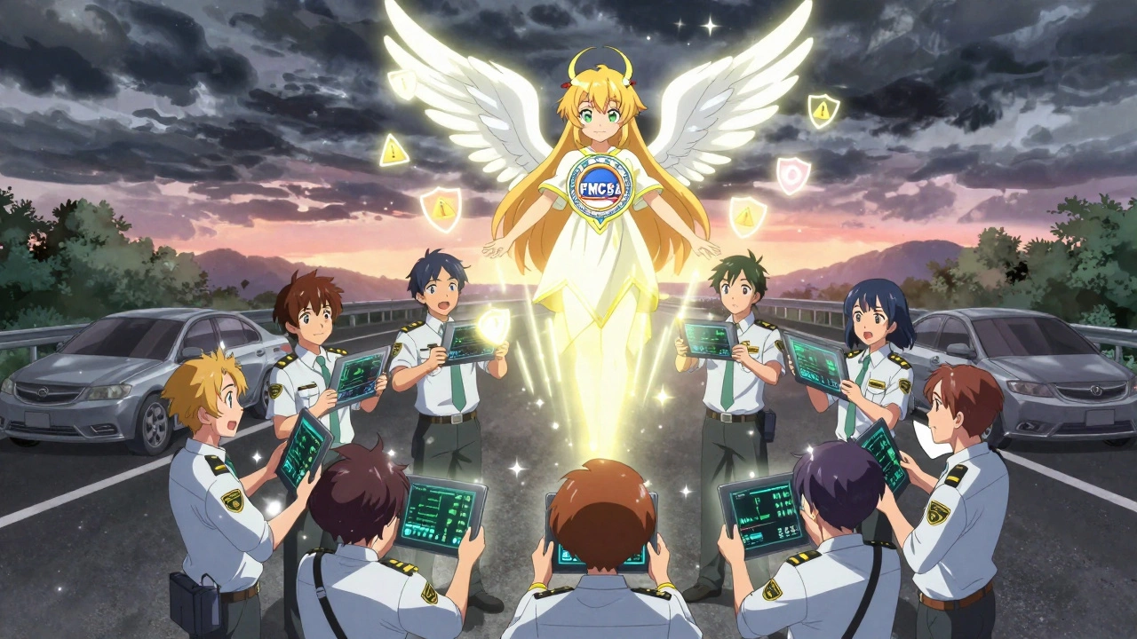 Drivers and managers forming a circle of light with biometric data glowing above a highway at dawn.