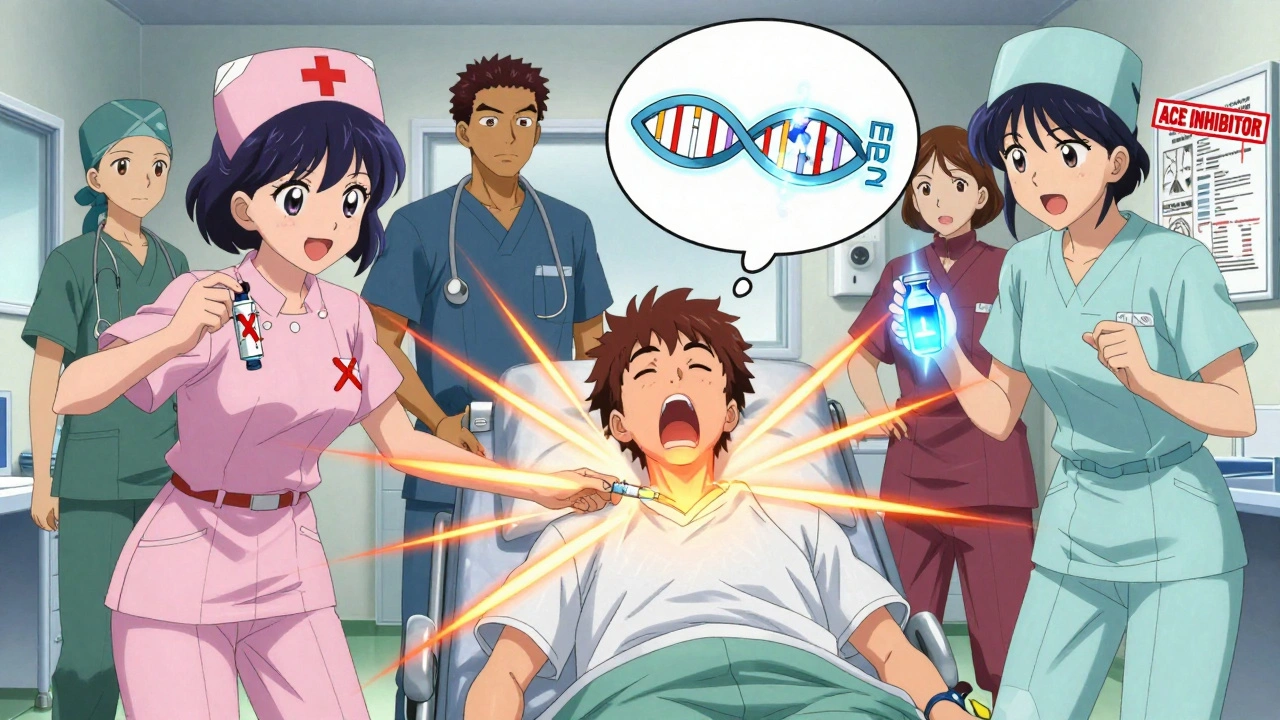 Emergency room scene with medical staff reacting to throat swelling, epinephrine crossed out, icatibant vial glowing, DNA gene symbol floating above patient.