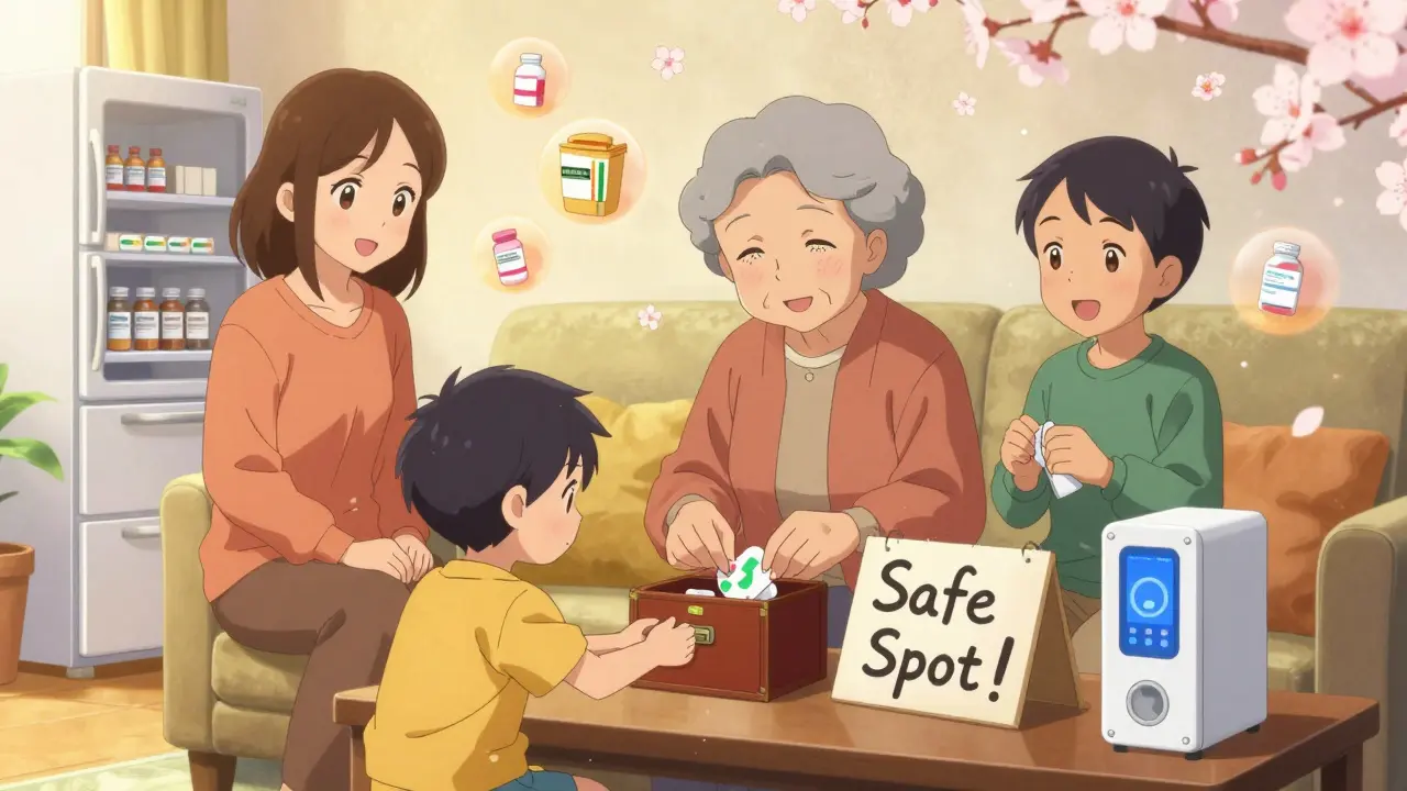 Grandma and grandchild share a moment placing meds in a locked box, surrounded by symbols of safe storage and floating cherry blossoms.